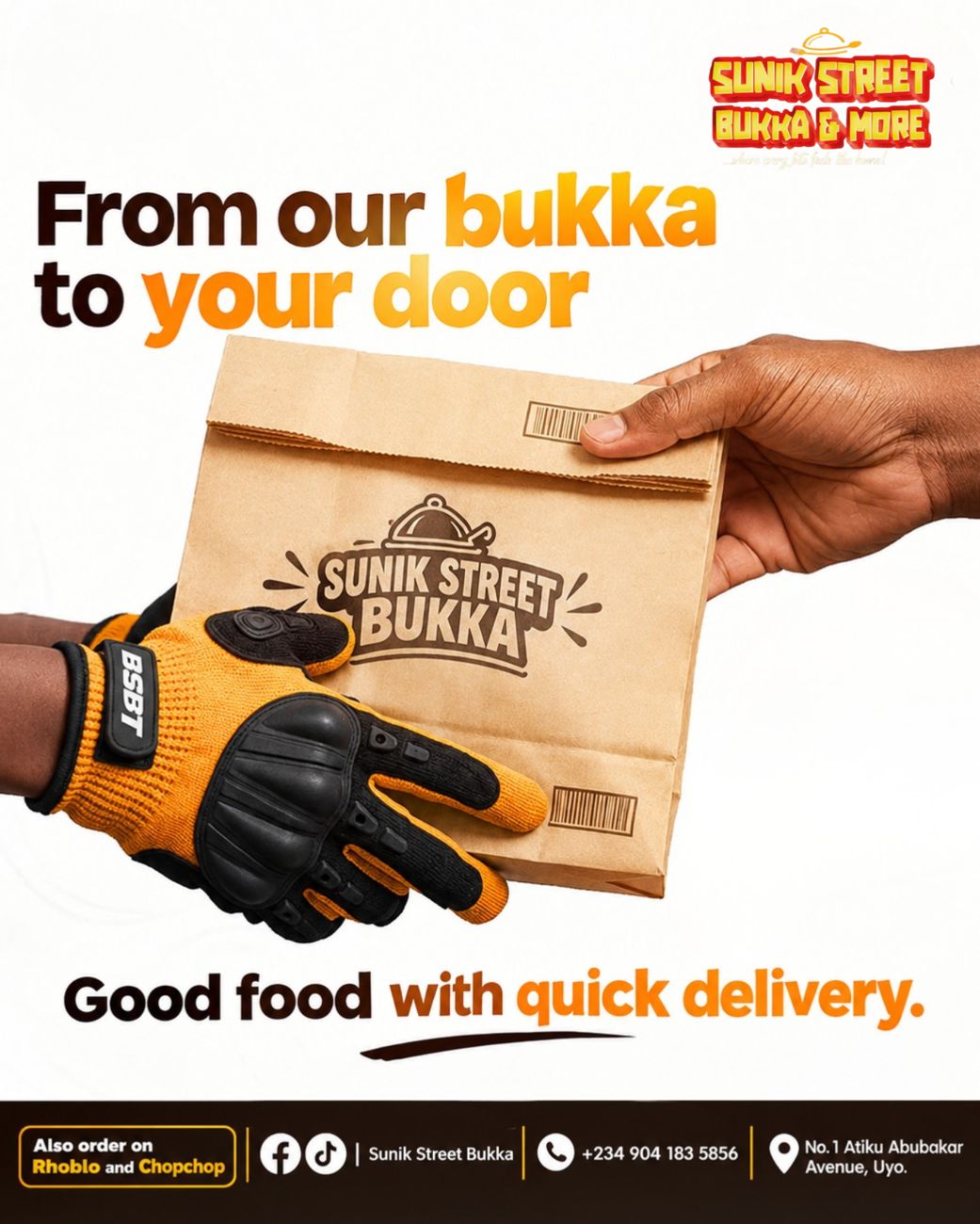 A Sunik Street Bukka delivery rider handing over a branded paper bag