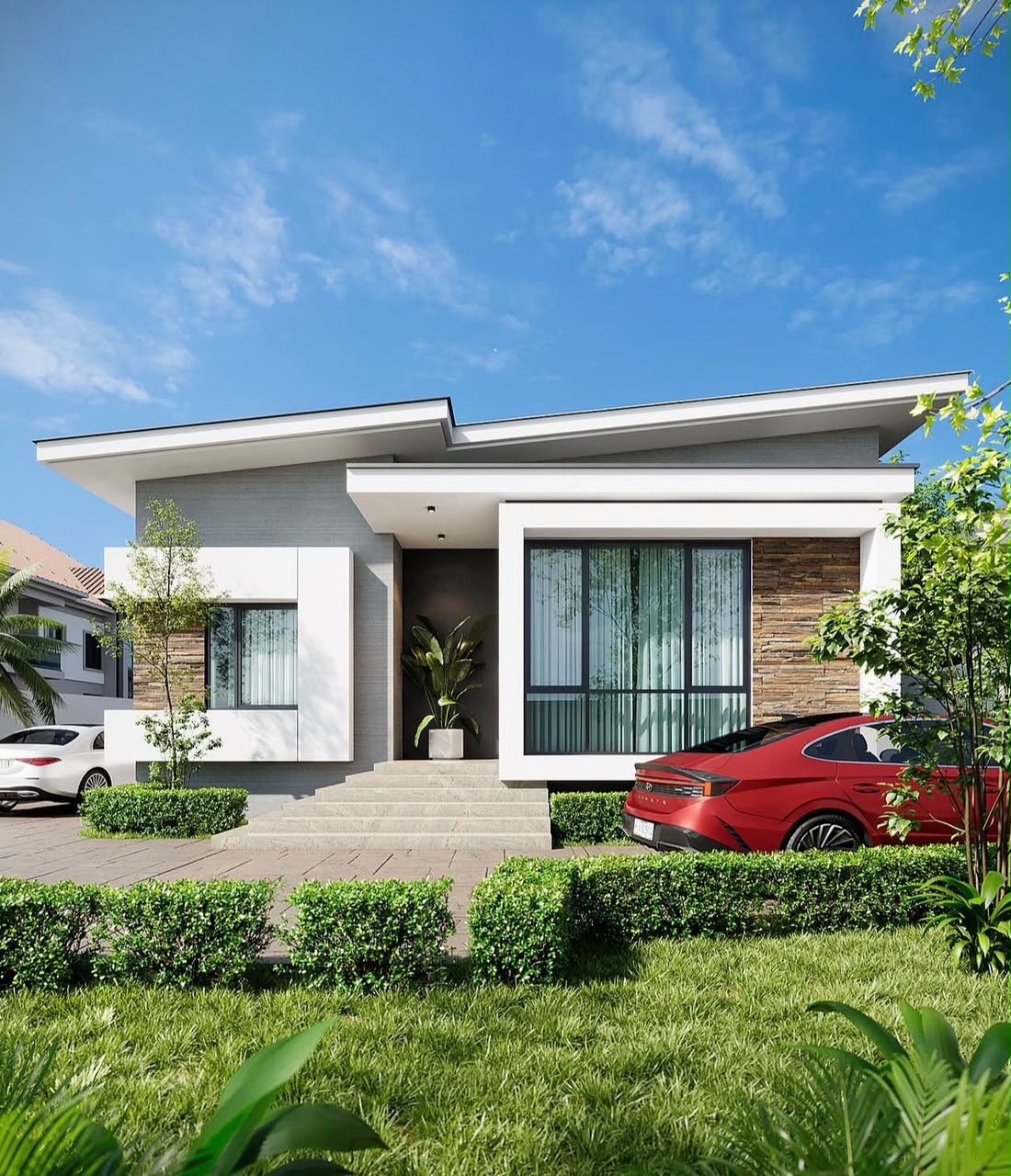 Modern bungalow with a sloped roof and stone wall detail