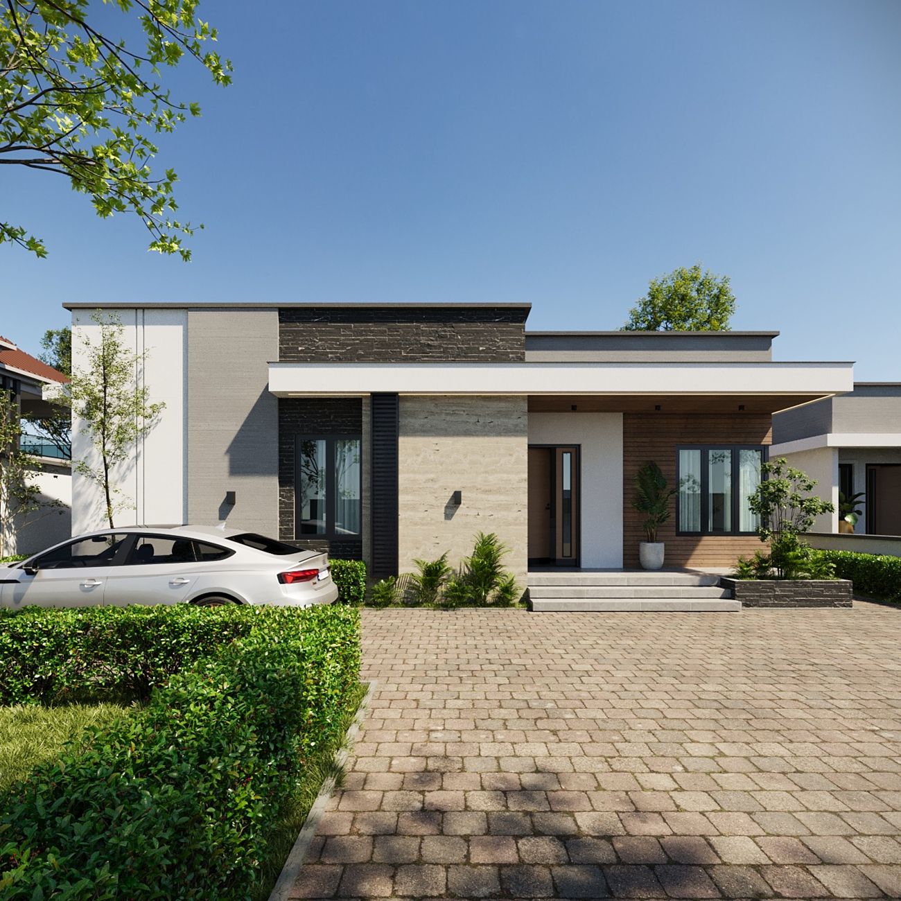 Contemporary bungalow with a paved driveway