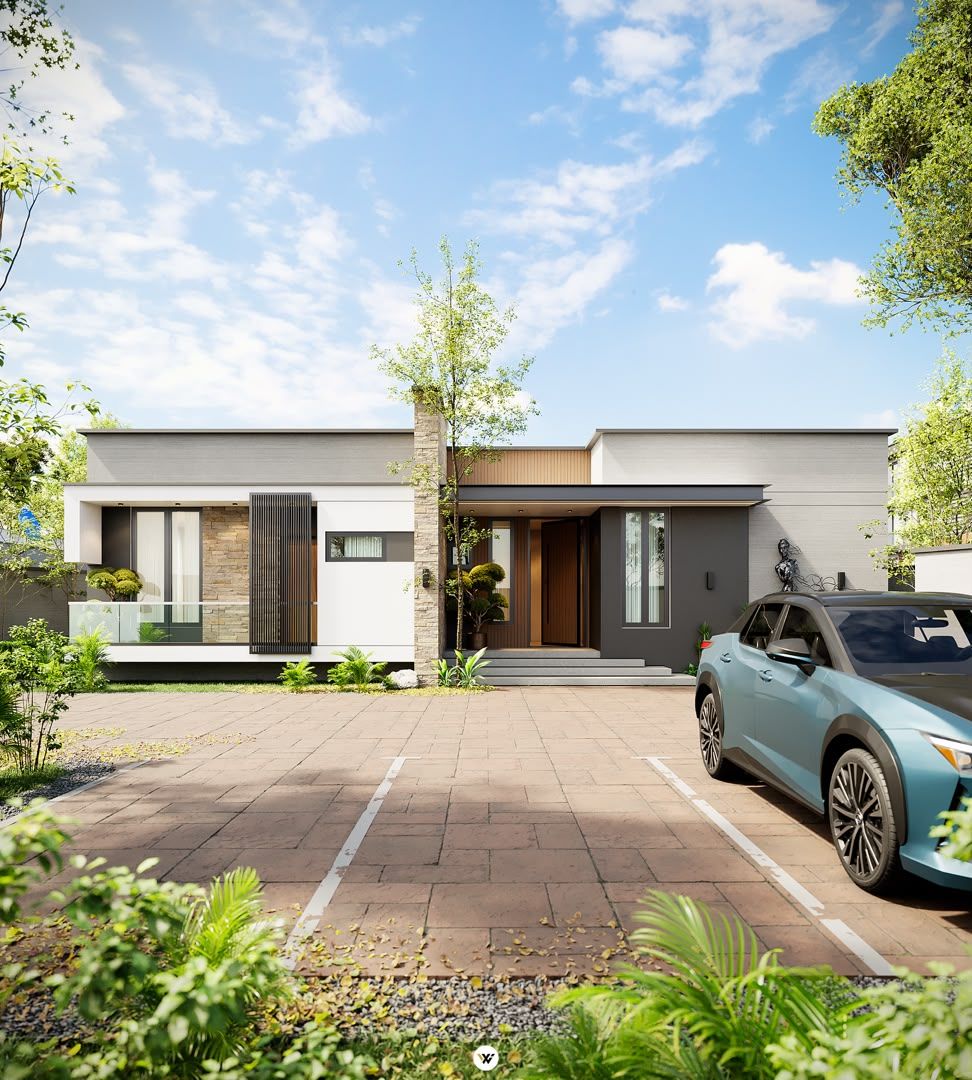 Single-storey home with glass balcony and timber door