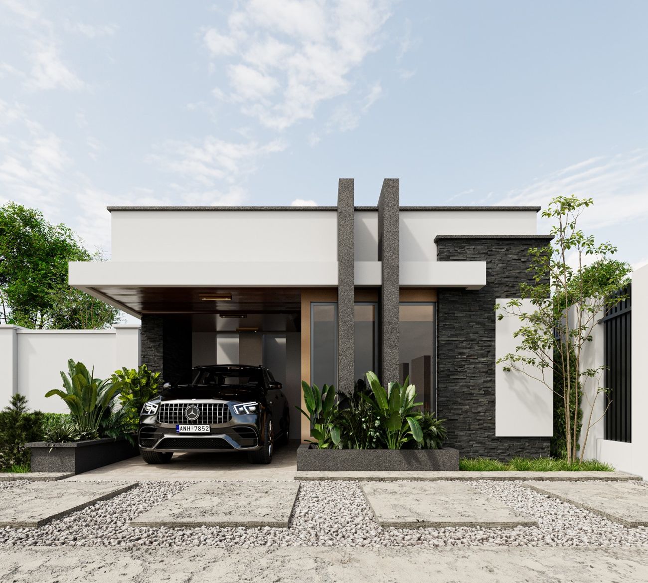 Modern home with a covered car port and stone cladding