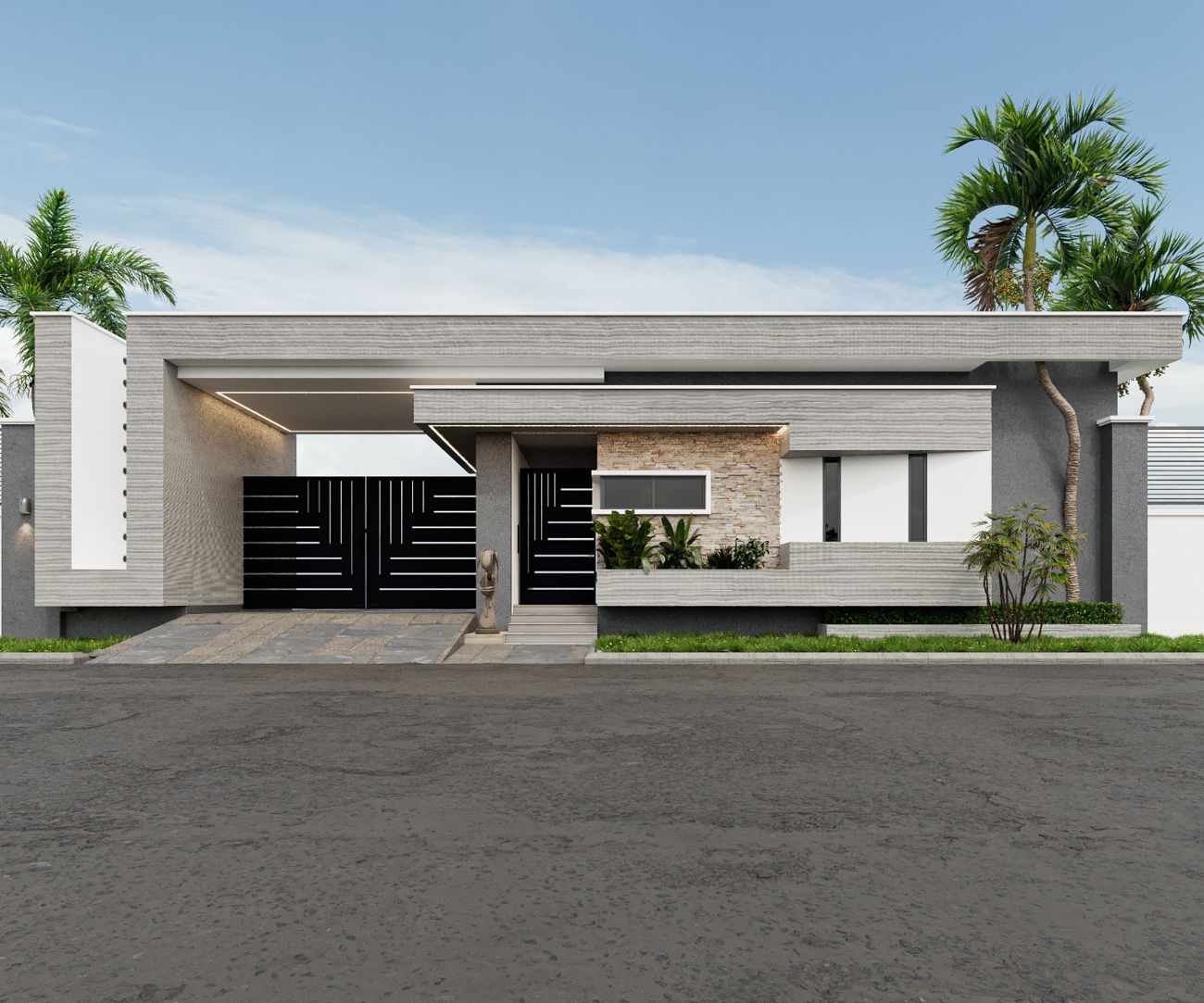 Flat-roof home with a black gate and palm trees
